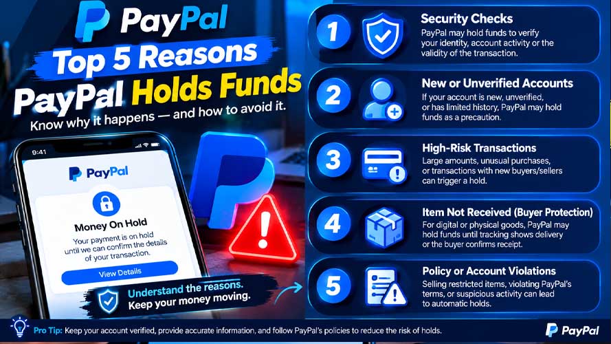 Infographic showing common reasons why PayPal puts money on hold including new seller activity, large transactions, international payments, disputes, and verification issues